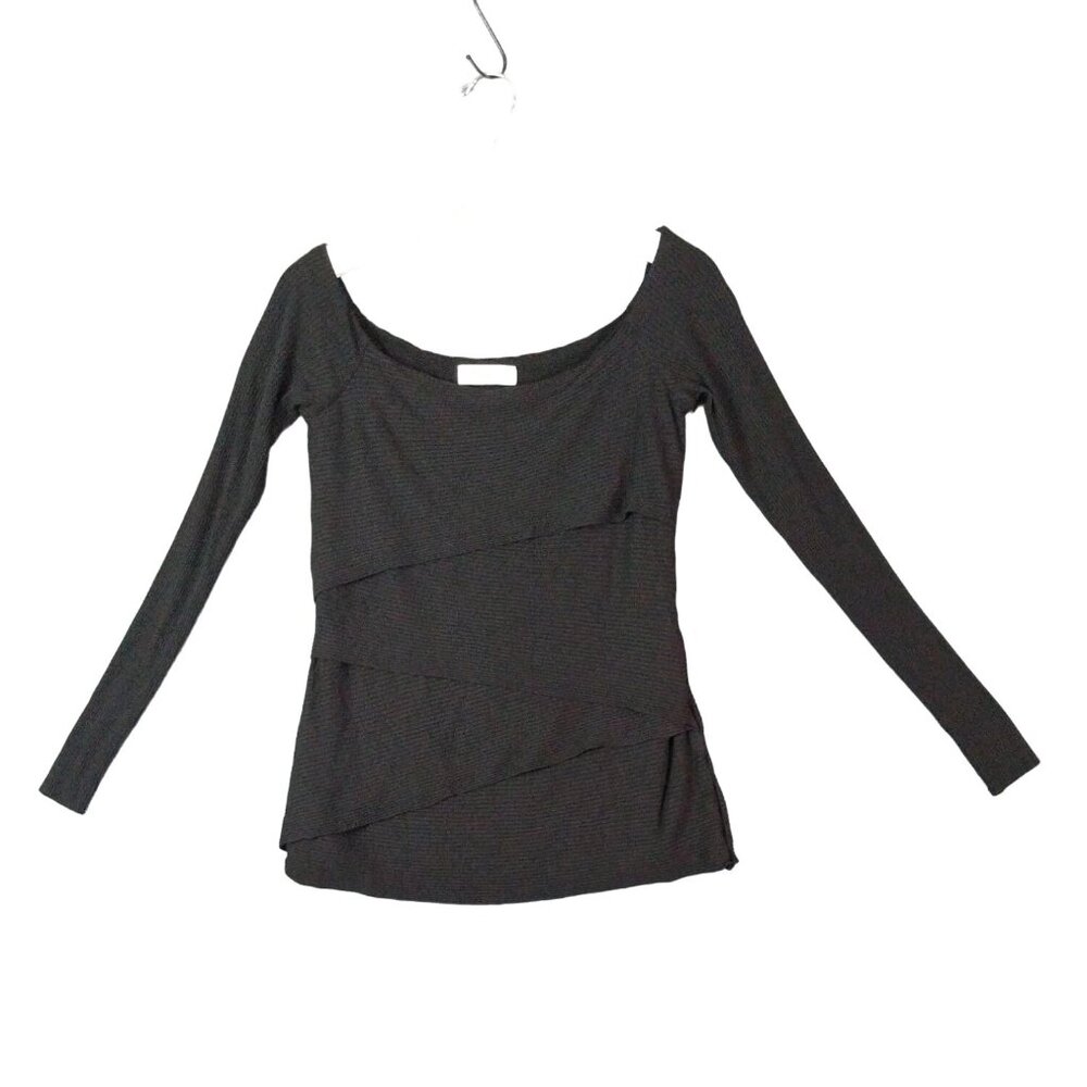 BAILEY 44 REVOLVE Womens Tiered Bondage Top SZ L Black Long Sleeve Rib Boat Neck